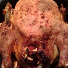 A picture of Whole Roasted Chicken, stuffed with apples and sausage.
