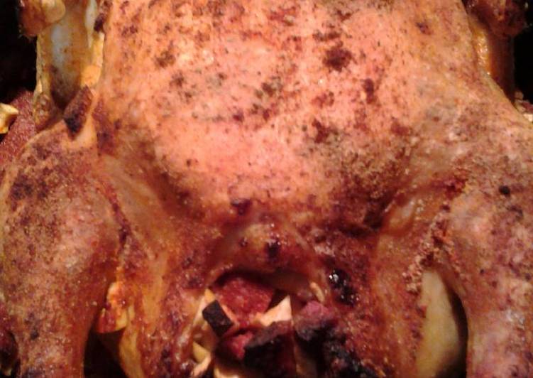 Steps to Prepare Ultimate Whole Roasted Chicken, stuffed with apples and sausage