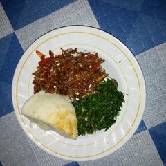 A picture of Ugali,fried kales and fried omena.