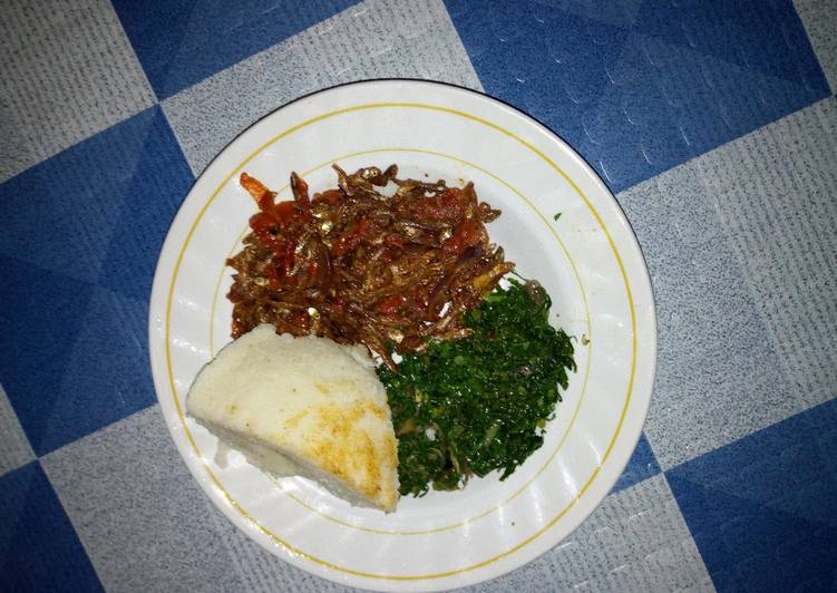 Ugali,fried kales and fried omena