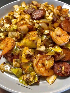 A picture of FRIED CABBAGE WITH SHRIMP, SAUSAGE & BACON.