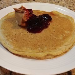 A picture of Oatmeal Skillet Cakes with Peanut Butter and Jelly.