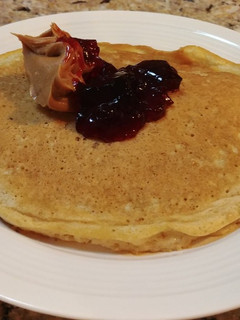 A picture of Oatmeal Skillet Cakes with Peanut Butter and Jelly.