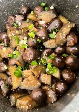 A picture of Braised Eggplant with Straw Mushrooms.