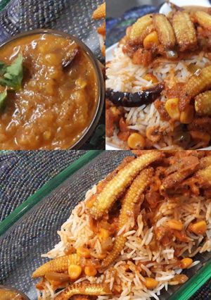 A picture of Corn and baby corn biryani.