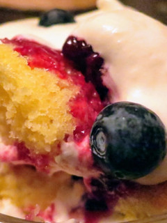 A picture of Lemon Cake Trifle with Berry Compote & Vanilla Mascarpone Whipped Cream.