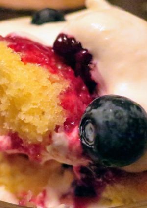 A picture of Lemon Cake Trifle with Berry Compote & Vanilla Mascarpone Whipped Cream.