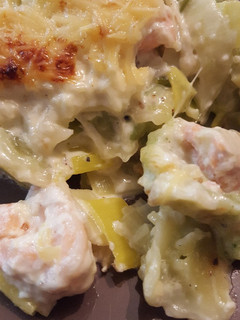 Une photo de Gratin de ravioles saumon poireau