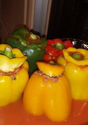 A picture of stuffed peppers .