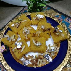 A picture of Andoo ki barfi ❤ #foodies&friends.