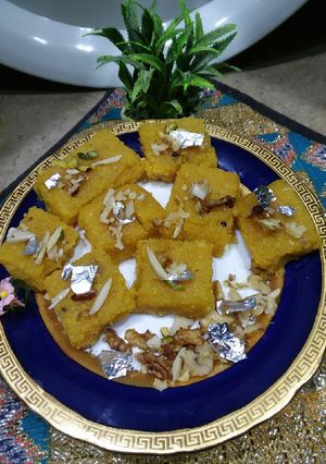 A picture of Andoo ki barfi ❤ #foodies&friends.
