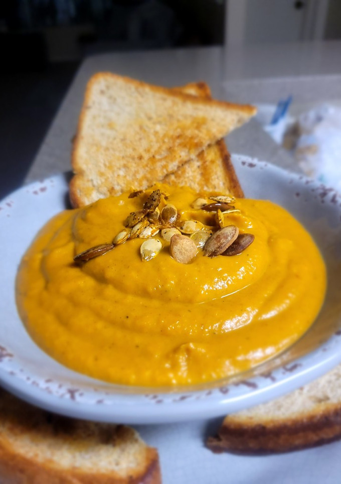 A picture of Butternut n a hint of acorn squash soup.