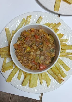 Una foto de Risotto de carne y verduras.