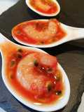 Mazzancolle con riduzione di bitter Campari e passion fruit