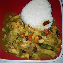 White rice with curry sauce A picture of White rice with curry sauce.