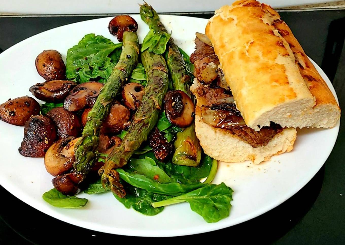 My Garlic Ribeye Sandwich. With spinach, Asparagus + Mushrooms