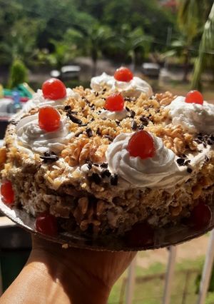 A picture of Black forest cake stuff California crunchy walnuts cake.