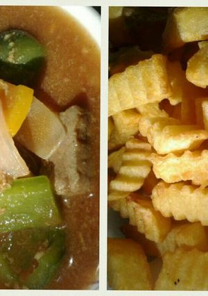 Hình của món Bò lúc lắc + khoai tây chiên.