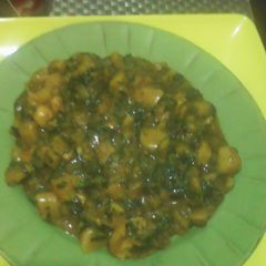 Unripe plantain porridge with scent leaf and curry leaf A picture of Unripe plantain porridge with scent leaf and curry leaf.