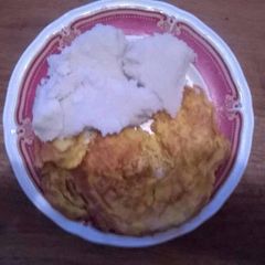 A picture of Fried eggs with ugali.