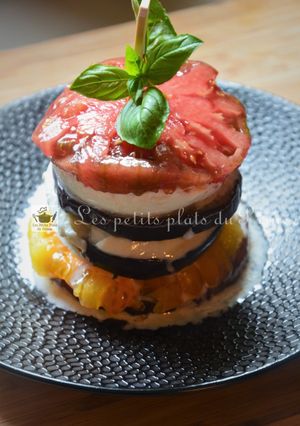 A picture of Tomato, Eggplant, and Mozzarella Millefeuille.