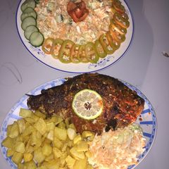 Grilled fish with french fries and coleslaw A picture of Grilled fish with french fries and coleslaw.