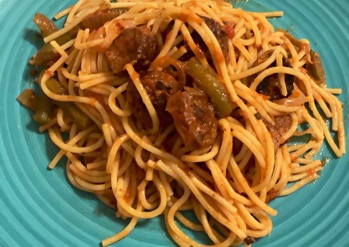 Steps to Make Homemade Sausage and peppers with spaghetti for Dinner Food
