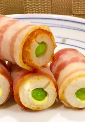 A picture of Bento-Style Edamame-Stuffed Chikuwa Wrapped in Bacon.