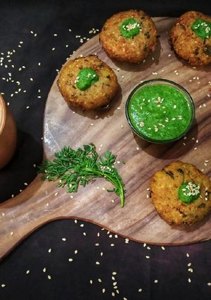 A picture of Aloo tikki with Mint Buttermilk.