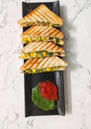 A picture of Spinach Corn grilled Sandwich with Arrowroot flour and White Butter.