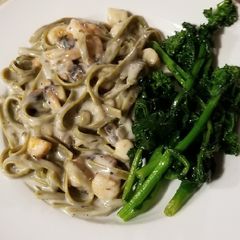 Seafood fettucinis in white sauce A picture of Seafood fettucinis in white sauce.