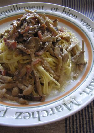 A picture of Mushroom Broth and Creamy Mushroom Pasta.