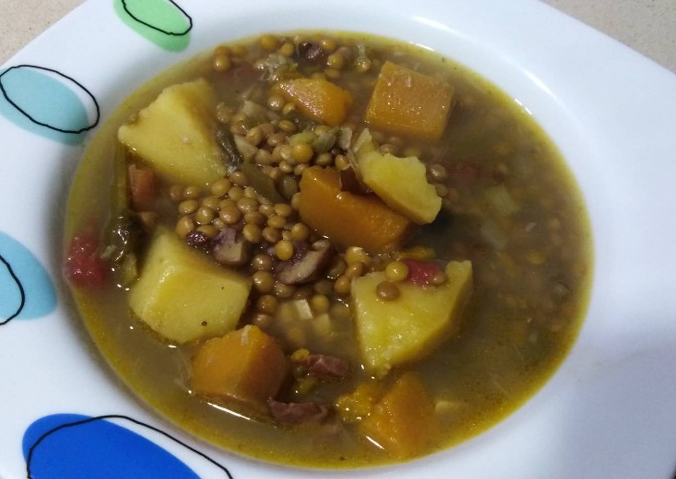 Lentejas con calabaza y castañas