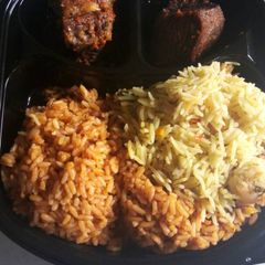 A picture of Jollof rice with fried rice.