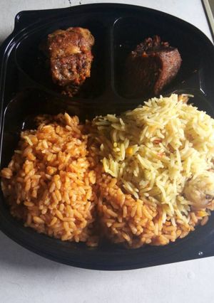 A picture of Jollof rice with fried rice.