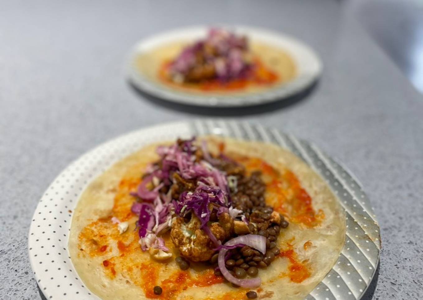 Lentil, cauliflower and pickled cabbage rotis