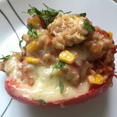 A picture of Chicken stuffed bell peppers.