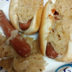 A picture of Hotdogs and Sauerkraut cooked in Beef Stock. With an option.