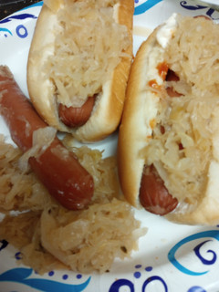 A picture of Hotdogs and Sauerkraut cooked in Beef Stock. With an option.