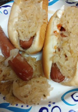 A picture of Hotdogs and Sauerkraut cooked in Beef Stock. With an option.