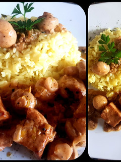 Una foto de Tofu con champiñones y arroz de guarnición. #delantaldorado