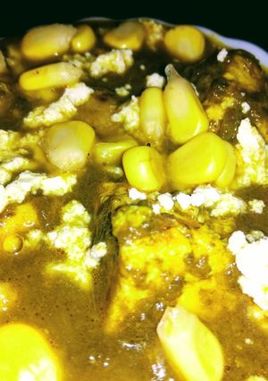 A picture of Palak paneer with Makkana and Corn.