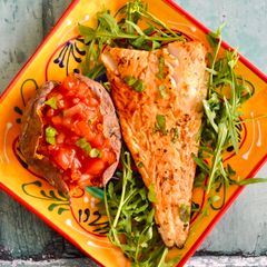 A picture of Spanish Marinaded Cod with Salsa Sweet Potatoes.
