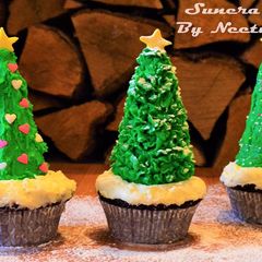 A picture of Christmas Tree Cupcakes | Eggless Chocolate Cup Cakes.