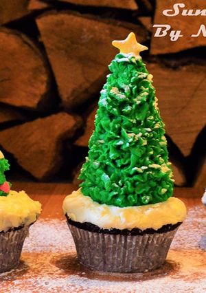 A picture of Christmas Tree Cupcakes | Eggless Chocolate Cup Cakes.