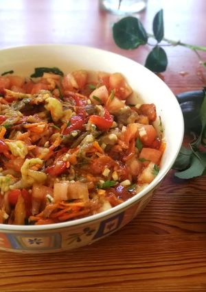 A picture of Eggplant and Roasted Red Pepper Escalivada with Tomato and Carrot.