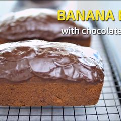 A picture of Banana Bread with Chocolate Ganache.