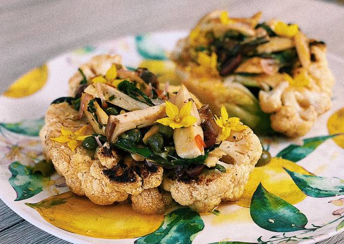 Cauliflower steak with olive pistu and porcini mushrooms💛