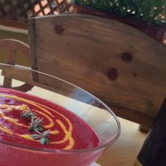 A picture of Beet gazpacho with mango vinaigrette.