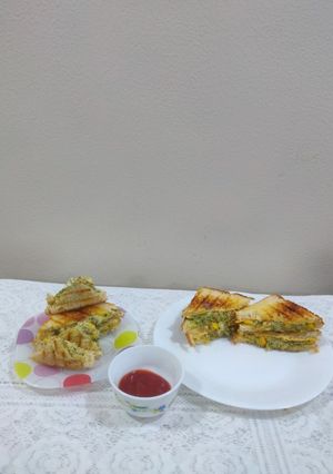 A picture of Paneer veg cheese corn grilled sandwiches/ healthy breakfast.